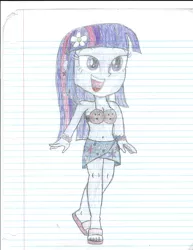 Size: 2544x3296 | Tagged: suggestive, artist:deon miller, derpibooru import, twilight sparkle, twilight sparkle (alicorn), equestria girls, belly button, bikini, breasts, clothes, coconut, coconut bikini, feet, female, flower, flower in hair, food, lined paper, sandals, sarong, solo, solo female, swimsuit, traditional art
