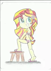 Size: 2544x3504 | Tagged: suggestive, artist:deon miller, derpibooru import, sunset shimmer, equestria girls, bikini, chibi, clothes, feet, female, sandals, sexy, solo, solo female, stool, sultry pose, swimsuit, tattoo, traditional art