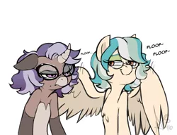 Size: 1000x766 | Tagged: safe, artist:curiouskeys, derpibooru import, oc, oc:curious keys, oc:gusty petals, unofficial characters only, hinny, pegasus, pony, unicorn, friends, glasses, short hair, spread wings, wings