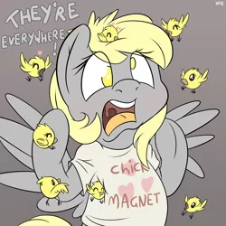 Size: 2000x2000 | Tagged: safe, artist:fluffyxai, derpibooru import, derpy hooves, bird, chicken, pegasus, pony, alfred hitchcock, animal, chick, chick magnet, chicks, clothes, cute, derpabetes, female, funny, mare, open mouth, panic, pun, shirt, solo, the birds