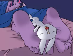 Size: 900x700 | Tagged: angel bunny, angeltwi, anonymous artist, anthro, barefoot, bed, big feet, cozy, derpibooru import, feet, foot fetish, foot focus, nudity, plantigrade anthro, shipping, sleeping, soles, suggestive, toes, twilight sparkle, warm