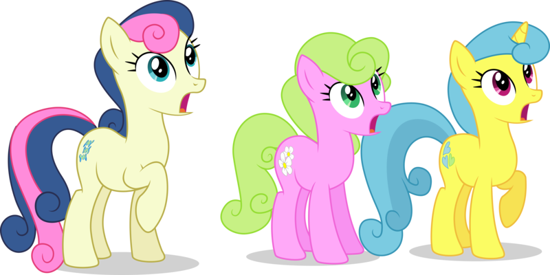 Size: 14781x7383 | Tagged: safe, artist:illumnious, derpibooru import, bon bon, daisy, flower wishes, lemon hearts, sweetie drops, earth pony, pony, unicorn, .ai available, absurd resolution, background pony, open mouth, raised hoof, simple background, surprised, transparent background, trio, vector