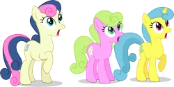 Size: 14781x7383 | Tagged: safe, artist:illumnious, derpibooru import, bon bon, daisy, flower wishes, lemon hearts, sweetie drops, earth pony, pony, unicorn, .ai available, absurd resolution, background pony, open mouth, raised hoof, simple background, surprised, transparent background, trio, vector