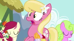 Size: 1920x1080 | Tagged: safe, derpibooru import, screencap, daisy, flower wishes, lily, lily valley, roseluck, pony, slice of life (episode), bouquet, eyes closed, female, flower trio, no, shocked, trio, trio female