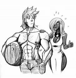 Size: 1024x1048 | Tagged: abs, artist:thebestjojo, bare chest, barrel, big macintosh, breasts, busty princess luna, chest hair, cleavage, clothes, dark skin, derpibooru import, dress, female, flirting, flustered, frown, grayscale, great macintosh, human, humanized, lunamac, male, monochrome, muscles, nervous, open mouth, princess luna, shipping, smiling, straight, straw, stupid sexy big macintosh, suggestive, topless, traditional art, wide eyes, wide hips
