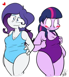 Size: 2916x3259 | Tagged: suggestive, artist:befishproductions, derpibooru import, rarity, twilight sparkle, equestria girls, adorafatty, bbw, belly, big belly, blushing, breasts, chubby, cleavage, clothes, cute, duo, fat, female, heart, one-piece swimsuit, plump, raribetes, raritubby, signature, simple background, smirk, swimsuit, transparent background, twiabetes, twilard sparkle, wide hips