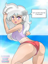 Size: 1536x2048 | Tagged: artist:swagalicious-tony, ass, beach, breasts, butt, clothes, colored pupils, derpibooru import, dialogue, female, human, humanized, oc, ocean, oc:white rose, open mouth, sand, solo, solo female, speech bubble, suggestive, swimsuit, unofficial characters only