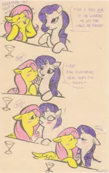 Size: 1667x2632 | Tagged: safe, artist:mumbles, artist:ronmart12, derpibooru import, fluttershy, rarity, pony, alcohol, blushing, boop, comic, drunk, drunk lesbian, drunkershy, female, flarity, kissing, lesbian, mare, nose kiss, shipping