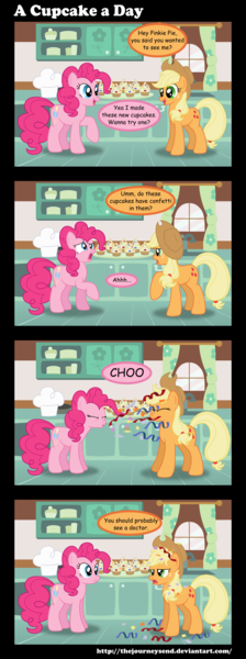 Size: 1700x4550 | Tagged: applejack, artist:thejourneysend, comic, confetti, cupcake, derpibooru import, food, pinkie pie, safe, sneezing