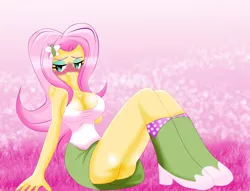 Size: 2977x2276 | Tagged: suggestive, artist:lucky-jj, derpibooru import, fluttershy, equestria girls, ass, blushing, breasts, busty fluttershy, butt, cleavage, clothes, female, flutterbutt, high res, legs, schrödinger's pantsu, skirt, solo, solo female, tanktop, thighs, upskirt