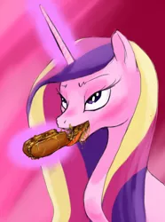 Size: 649x874 | Tagged: suggestive, artist:ara, derpibooru import, princess cadance, alicorn, pony, bedroom eyes, blushing, cheese steak, cheese whiz, female, food, levitation, magic, mare, messy eating, omnivore, open mouth, ponies eating meat, sandwich, smiling, suggestive eating, telekinesis, tongue out