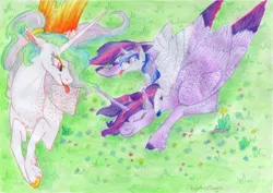 Size: 6800x4816 | Tagged: safe, artist:dawn22eagle, derpibooru import, princess celestia, twilight sparkle, twilight sparkle (alicorn), oc, oc:ilumina, alicorn, pony, :p, absurd resolution, alicorn oc, cute, cutelestia, female, filly, lesbian, lying down, magical lesbian spawn, momlestia, next generation, offspring, older, parent:princess celestia, parent:twilight sparkle, parents:twilestia, shipping, sleeping, tongue out, traditional art, twiabetes, twilestia, wings