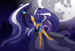 Size: 3700x2500 | Tagged: suggestive, artist:geraritydevillefort, derpibooru import, nightmare rarity, equestria girls, armor, breasts, clothes, equestria girls-ified, female, full moon, human ponidox, night sky, open mouth, paradox, rock, self paradox, sitting, solo, solo female, stars