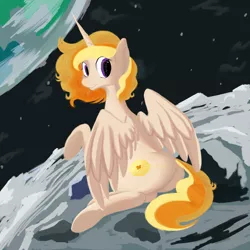 Size: 2500x2500 | Tagged: artist needed, safe, color edit, derpibooru import, edit, oc, oc:hemera, unofficial characters only, alicorn, pony, alicorn oc, colored, looking at you, moon, plot, space