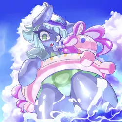 Size: 2500x2500 | Tagged: suggestive, artist:kaikoinu, derpibooru import, limestone pie, marble pie, pinkie pie, earth pony, pony, semi-anthro, bikini, clothes, female, floaty, goggles, inflatable, inner tube, looking at you, low angle, mare, open mouth, snorkel, solo, solo female, swimsuit, water wings