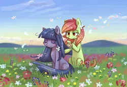 Size: 1024x704 | Tagged: safe, artist:kyaokay, derpibooru import, oc, oc:artline, oc:cosmia nebula, unofficial characters only, earth pony, pony, blushing, brush, brushie, brushing, cute, eyes closed, female, field, flower, flower in hair, grass, heart, lidded eyes, mare, ocbetes, petals, scenery, sitting