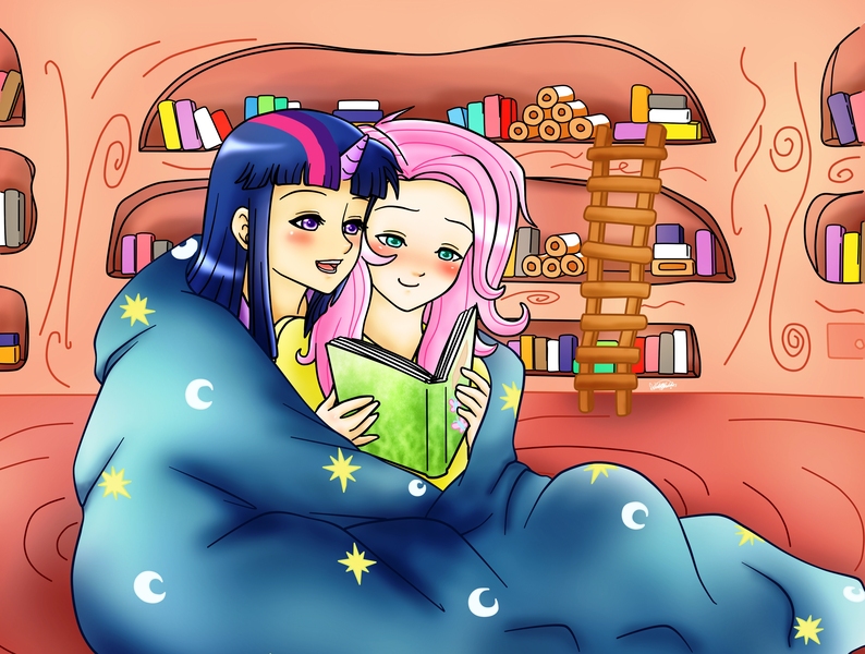 Size: 3100x2344 | Tagged: artist:shiko-k, blanket, book, derpibooru import, female, fluttershy, golden oaks library, horned humanization, human, humanized, lesbian, reading, safe, shipping, twilight sparkle, twishy