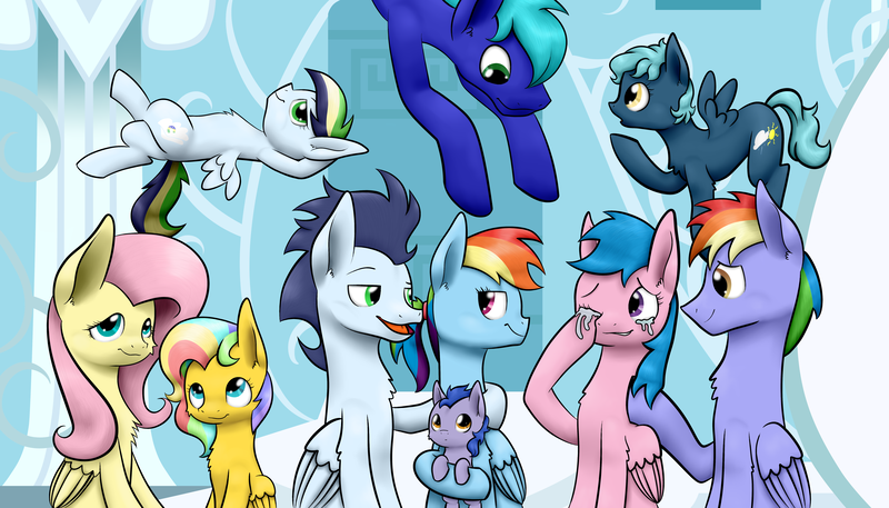 Size: 7000x4000 | Tagged: safe, artist:lpslover482, derpibooru import, firefly, fluttershy, rainbow blaze, rainbow dash, soarin', oc, oc:clear skies, oc:flying colour, oc:lightning bolt, oc:rainbow glow, oc:speed demon, pegasus, pony, g1, brother and sister, crying, female, firefly as rainbow dash's mom, flutterbolt, foal, g1 to g4, g4, generation leap, male, mare, mother and child, mother and daughter, offspring, parent:fluttershy, parent:oc:lightning bolt, parent:rainbow dash, parent:soarin', parents:canon x oc, parents:flutterbolt, parents:soarindash, shipping, soarindash, straight, tears of joy