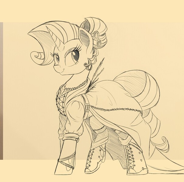 Size: 1280x1270 | Tagged: alternate hairstyle, artist:ncmares, clothes, derpibooru import, dress, monochrome, rarity, safe, sketch, smiling, solo