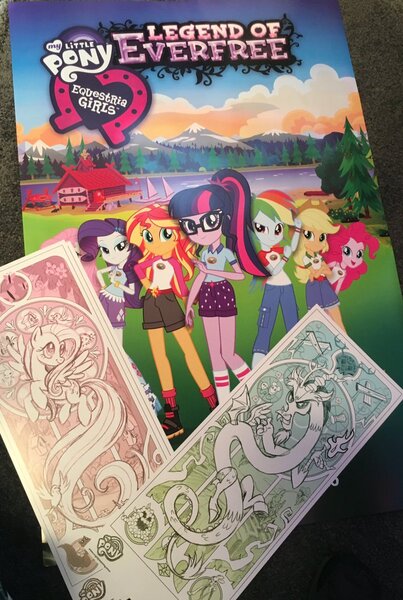 Size: 806x1200 | Tagged: safe, derpibooru import, applejack, discord, fluttershy, pinkie pie, rarity, sci-twi, sunset shimmer, twilight sparkle, equestria girls, legend of everfree, comic con, equestria girls logo, ponytail, san diego comic con, solo