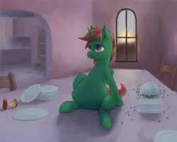 Size: 1344x1080 | Tagged: safe, artist:difetra, derpibooru import, oc, oc:borealis, unofficial characters only, alicorn, pony, alicorn oc, apple core, belly, big belly, bloated, chest fluff, cute, food, pea, sitting, solo, stuffed, stuffing, tongue out