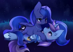 Size: 1775x1250 | Tagged: dead source, safe, artist:mrsremi, derpibooru import, princess luna, oc, oc:azure night, alicorn, pony, unicorn, azuna, bedroom eyes, canon x oc, cute, eye contact, heart eyes, night, shipping, smiling, wingding eyes