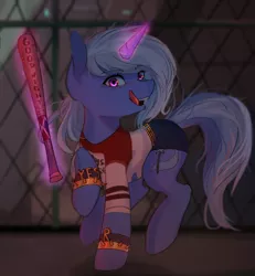 Size: 1280x1387 | Tagged: safe, artist:asianpony, derpibooru import, trixie, pony, unicorn, baseball bat, clothes, crossover, female, harley quinn, harley trix, mare, solo, suicide squad, tongue out