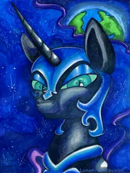 Size: 2468x3285 | Tagged: safe, artist:lunar-white-wolf, derpibooru import, nightmare moon, alicorn, pony, female, mare, marker drawing, planet, portrait, solo, traditional art