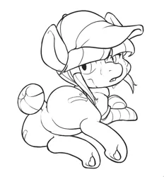 Size: 609x655 | Tagged: artist:vulapa, clothes, derpibooru import, featureless crotch, hat, implied foalcon, monochrome, oc, oc:pinch hitter, plot, socks, suggestive, sweat, unofficial characters only