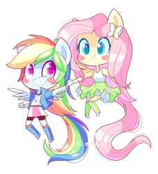 Size: 1024x1129 | Tagged: safe, artist:riouku, derpibooru import, fluttershy, rainbow dash, equestria girls, blush sticker, blushing, boots, chibi, clothes, compression shorts, cute, dashabetes, female, flutterdash, holding hands, lesbian, ponied up, rainbow socks, shipping, shyabetes, simple background, skirt, socks, striped socks, tanktop, transparent background