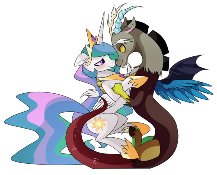 Size: 1024x824 | Tagged: safe, artist:alicornparty, artist:hikariviny, derpibooru import, discord, princess celestia, dislestia, female, floppy ears, hug, looking at each other, male, nuzzling, shipping, simple background, straight, transparent background