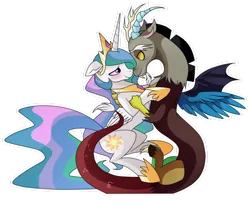 Size: 1024x824 | Tagged: safe, artist:alicornparty, artist:hikariviny, derpibooru import, discord, princess celestia, dislestia, female, floppy ears, hug, looking at each other, male, nuzzling, shipping, simple background, straight, transparent background