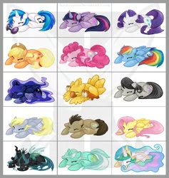 Size: 1100x1161 | Tagged: safe, artist:keyfeathers, derpibooru import, applejack, derpy hooves, doctor whooves, fluttershy, lyra heartstrings, octavia melody, pinkie pie, princess celestia, princess luna, queen chrysalis, rainbow dash, rarity, time turner, twilight sparkle, twilight sparkle (alicorn), vinyl scratch, alicorn, chocobo, pony, crossover, cute, cutealis, cutelestia, dashabetes, derpabetes, diapinkes, doctorbetes, eyes closed, final fantasy, floppy ears, jackabetes, lunabetes, lyrabetes, one of these things is not like the others, prone, raribetes, shyabetes, sleeping, smiling, tavibetes, twiabetes, vinylbetes, watermark