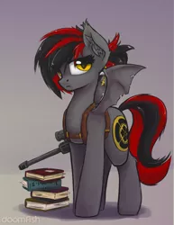 Size: 1965x2547 | Tagged: safe, artist:blvckmagic, derpibooru import, oc, oc:tomoko tanue, unofficial characters only, bat pony, pony, fallout equestria, bat wings, battle saddle, book, cutie mark, ear fluff, female, fluffy, gun, hooves, mare, optical sight, ponytail, rifle, sniper rifle, solo, survival guide, weapon, wings