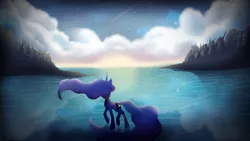 Size: 1024x576 | Tagged: safe, artist:alcia526, derpibooru import, princess luna, cloud, scenery, shooting star, solo, stars, sunset, water, wingless