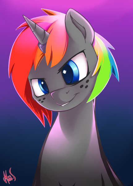 Size: 800x1116 | Tagged: safe, artist:sea-maas, derpibooru import, oc, oc:krylone, unofficial characters only, pony, unicorn, freckles, horn ring, male, rainbow hair, solo, stare