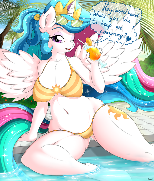 Size: 3400x4000 | Tagged: absurd resolution, alternate hairstyle, anthro, artist:ziemniax, belly button, big breasts, bikini, breasts, busty princess celestia, cameltoe, clothes, derpibooru import, drink, ear fluff, female, one eye closed, palm tree, ponytail, princess celestia, questionable, solo, solo female, spread wings, sunglasses, swimming pool, swimsuit, underass, wink