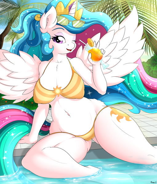 Size: 3400x4000 | Tagged: absurd resolution, alternate hairstyle, alternate version, anthro, areola outline, artist:ziemniax, belly button, big breasts, bikini, breasts, busty princess celestia, cameltoe, clothes, curvy, derpibooru import, drink, ear fluff, female, one eye closed, palm tree, ponytail, princess celestia, questionable, solo, solo female, spread wings, sunglasses, swimming pool, swimsuit, underass, unguligrade anthro, wink