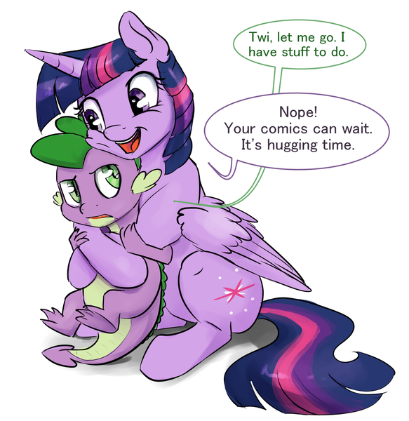 Size: 1165x1200 | Tagged: safe, artist:silfoe, derpibooru import, spike, twilight sparkle, twilight sparkle (alicorn), alicorn, pony, royal sketchbook, cute, dialogue, hape, hug, non-consensual cuddling, simple background, speech bubble, spikelove, white background