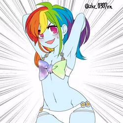 Size: 1000x1000 | Tagged: suggestive, artist:zakro, derpibooru import, rainbow dash, equestria girls, arm behind head, armpits, belly button, blushing, bow, bra, breasts, clothes, delicious flat chest, female, panties, rainbow dash always dresses in style, rainbow flat, solo, solo female, sweatdrop, underwear, white underwear