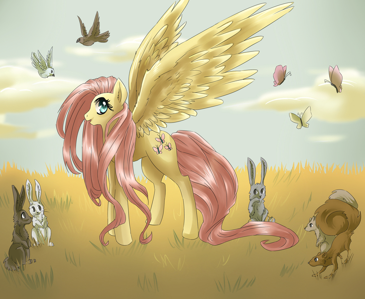 Size: 2200x1800 | Tagged: artist:dream--chan, bird, derpibooru import, fluttershy, looking at you, open mouth, profile, rabbit, safe, spread wings, squirrel, standing