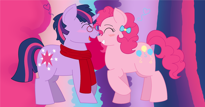 Size: 2520x1312 | Tagged: safe, artist:strawberry-spritz, derpibooru import, pinkie pie, twilight sparkle, blushing, clothes, dusk shine, duskpie, eyes closed, female, glasses, hair bow, half r63 shipping, heart, male, rule 63, scarf, shipping, straight, twinkie