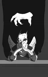 Size: 710x1124 | Tagged: safe, artist:rublegun, derpibooru import, oc, oc:gawdyna grimfeathers, unofficial characters only, gryphon, fallout equestria, adult, black and white, body armor, clothes, fallout, female, flag, grayscale, hands together, jacket, junction r-7, mercenary, monochrome, scar, shoulder pads, solo, talon merc, talons