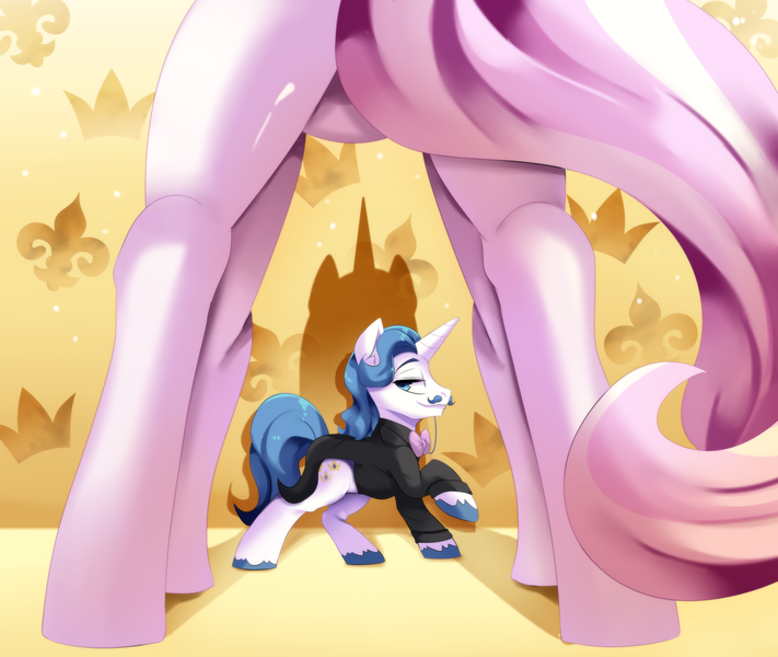 Size: 3150x2660 | Tagged: artist:freedomthai, derpibooru import, fancyfleur, fancypants, female, fleur-de-lis, for your eyes only, framed by legs, grin, male, raised hoof, rear view, safe, sexy, shipping, smiling, straight