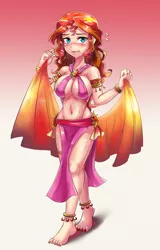 Size: 800x1253 | Tagged: suggestive, artist:tzc, derpibooru import, sunset shimmer, human, equestria girls, absolute cleavage, anime, anklet, armlet, barefoot, belly button, belly dancer, belly dancer outfit, big breasts, blushing, bocas top, bracelet, breasts, busty sunset shimmer, cleavage, embarrassed, feet, female, humanized, jewelry, leg bracelet, loincloth, looking at you, nail polish, open mouth, sexy, shy, sideboob, solo, solo female, sweat, sweatdrop, underboob