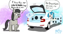 Size: 5500x3000 | Tagged: safe, artist:linlaifeng, derpibooru import, octavia melody, vinyl scratch, earth pony, pony, unicorn, angry, bowtie, car, duo, female, mare, namesake, open mouth, pun, skoda, skoda octavia, speech bubble, waving