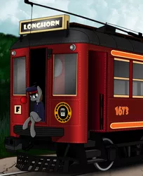Size: 1610x1976 | Tagged: safe, artist:subway777, derpibooru import, oc, unofficial characters only, earth pony, pony, clothes, conductor, crossed legs, sitting, train, tram, trolley