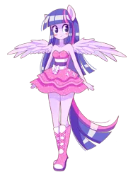 Size: 1024x1364 | Tagged: safe, artist:riouku, derpibooru import, twilight sparkle, twilight sparkle (alicorn), equestria girls, blushing, boots, clothes, cute, dress, fall formal outfits, high heel boots, ponied up, ponytail, simple background, sleeveless, solo, sparkles, strapless, transparent background, twilight ball dress, wings