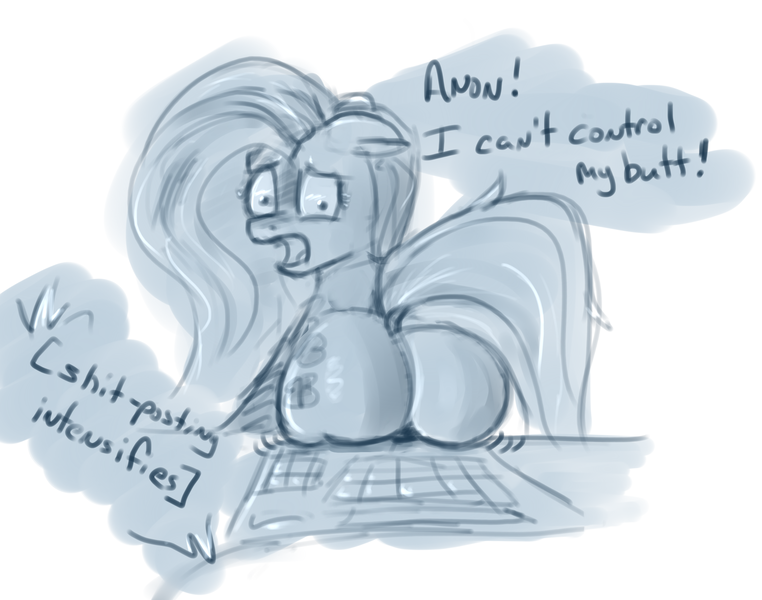 Size: 2293x1805 | Tagged: 4chan, artist:post-it, colored sketch, context is for the weak, derpibooru import, flutterbutt, fluttershy, keyboard, keyboard mashing, meme, monochrome, plot, shitposting, simple background, sketch, solo, suggestive, vulgar, x intensifies