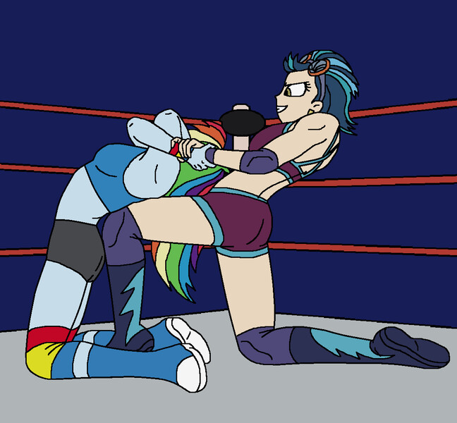 Size: 1184x1096 | Tagged: safe, artist:avispaneitor, derpibooru import, indigo zap, rainbow dash, equestria girls, clothes, equestria girls wrestling series, midriff, sports bra, wrestling